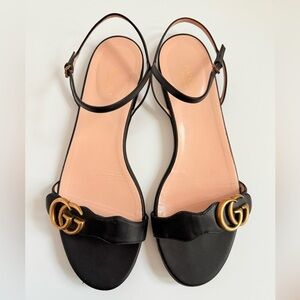 Gucci Black Leather GG marmot ankle strap flat sandals EU 41 US 11